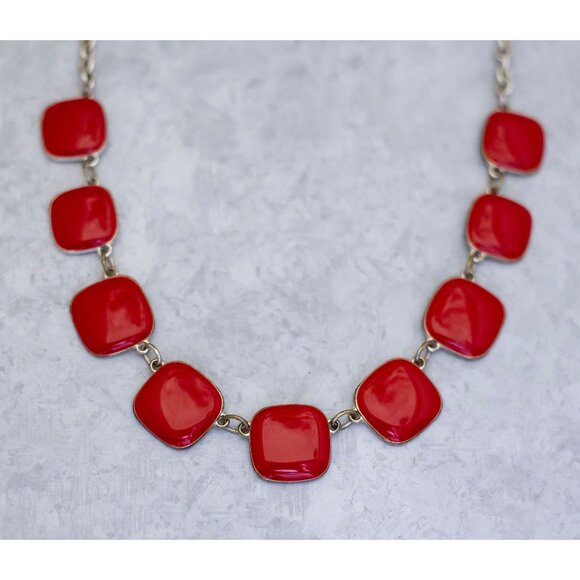 18 inch, Vintage Red Square Beads Art Deco Bib Necklace | CC1 - Picture 1 of 3